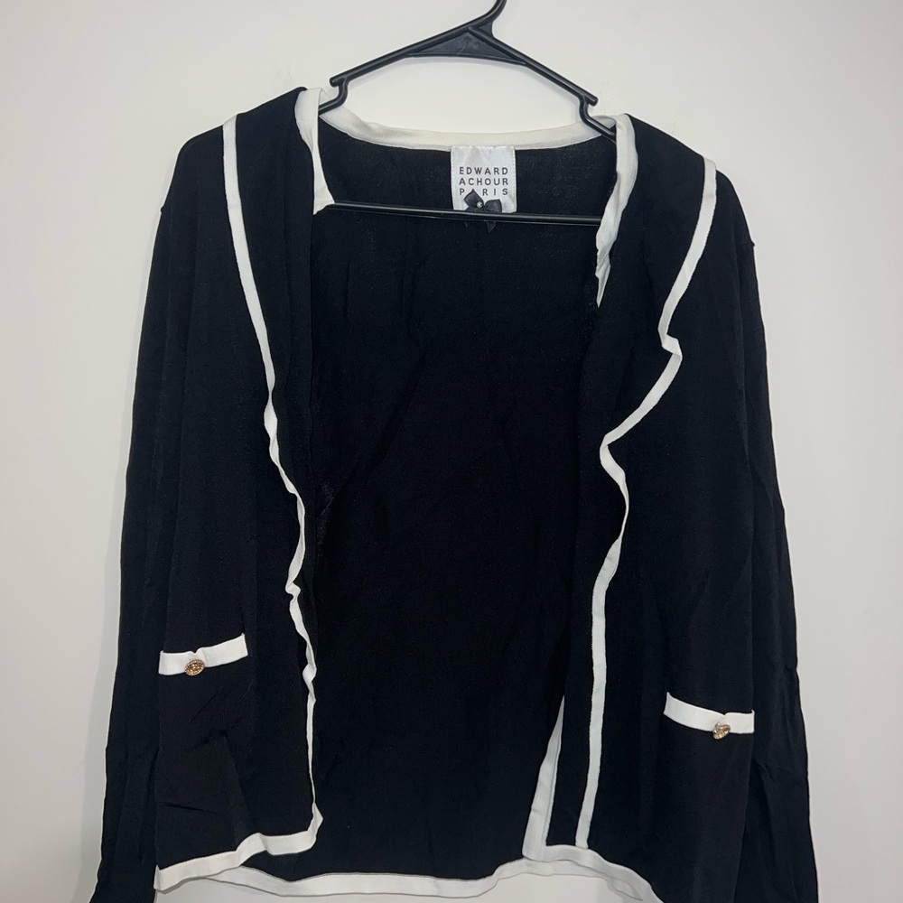 Sophisticated Black and White Ruffled Cardigan Sweater